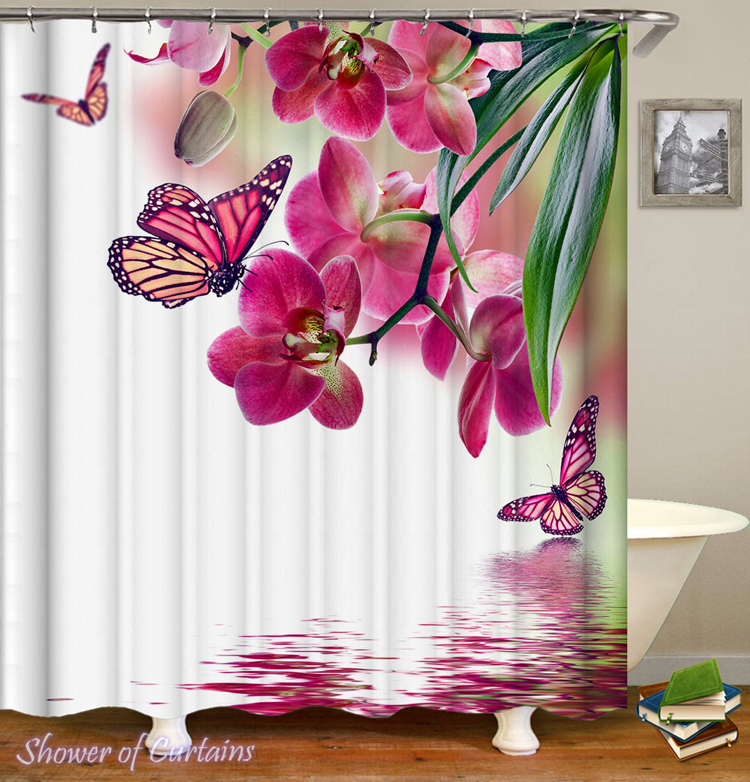 Floral Shower Curtain of Pinkish Butterflies And Flowers