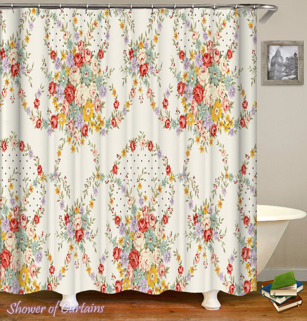 Floral Shower Curtain of Round Flowers Bouquets