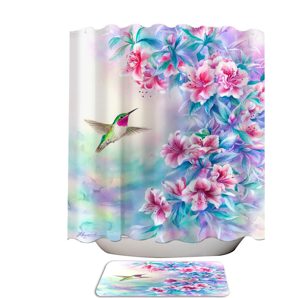 Flower Art Pinkish Hibiscus and Hummingbird Shower Curtain