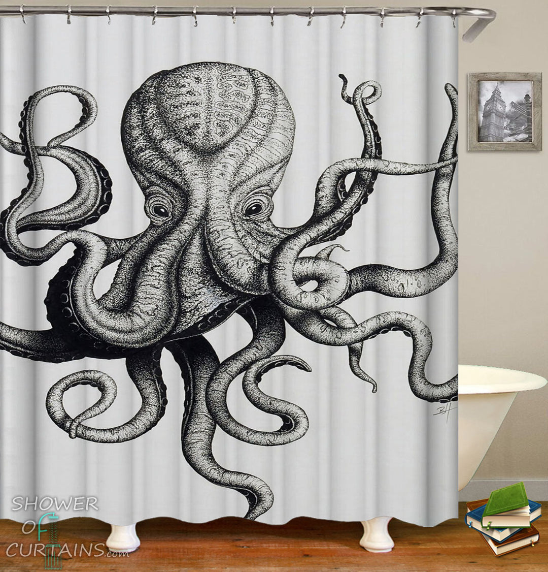 Frightening Octopus Shower Curtain - Octopus Drawing Bathroom Decor