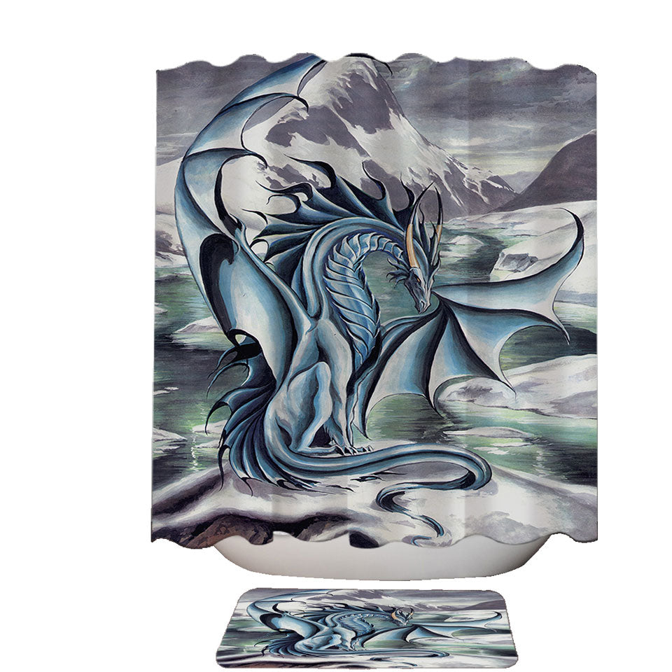 Frostbringer Blue Dragon Drawing Shower Curtains and Bathroom Rugs