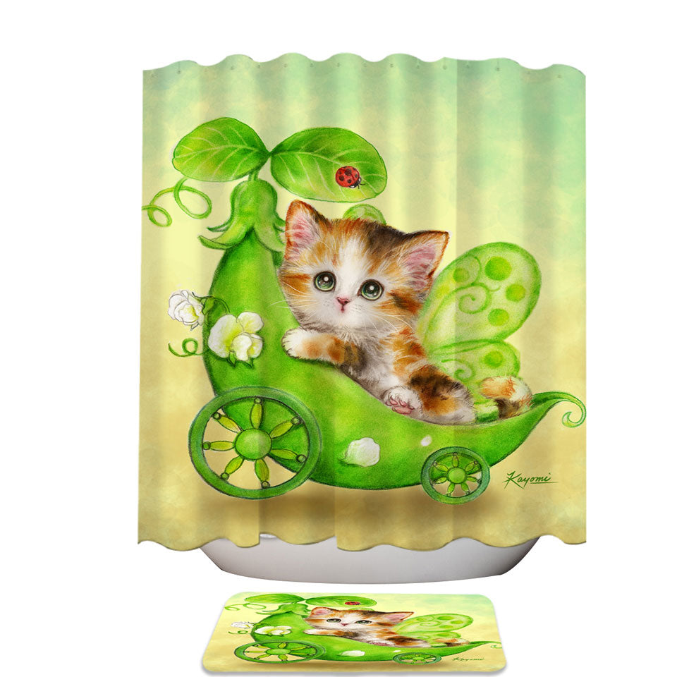 Fun Cats Cute Green Peapod Fairy Kitten Fabric Shower Curtain