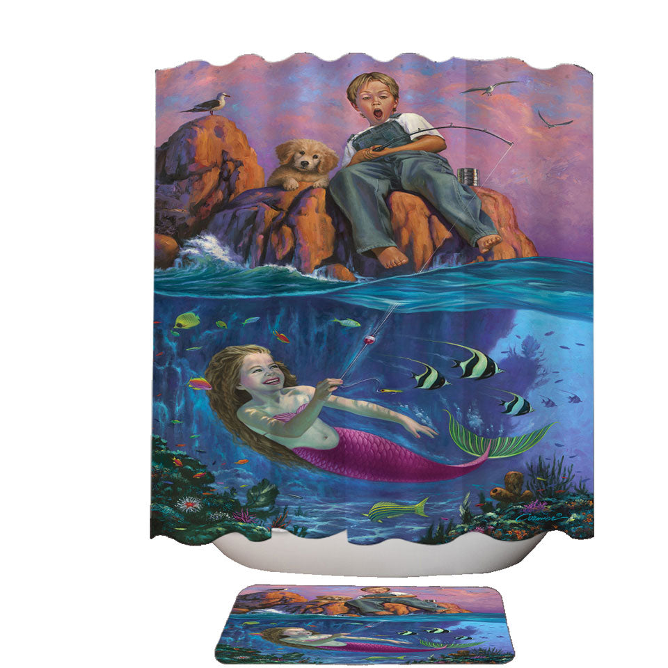 Fun Kids Design Catch of the Day Boy and Mermaid Shower Curtains