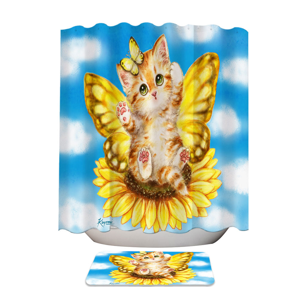 Fun Shower Curtain with Cats Cute Yellow Sunflower Fairy Kitten