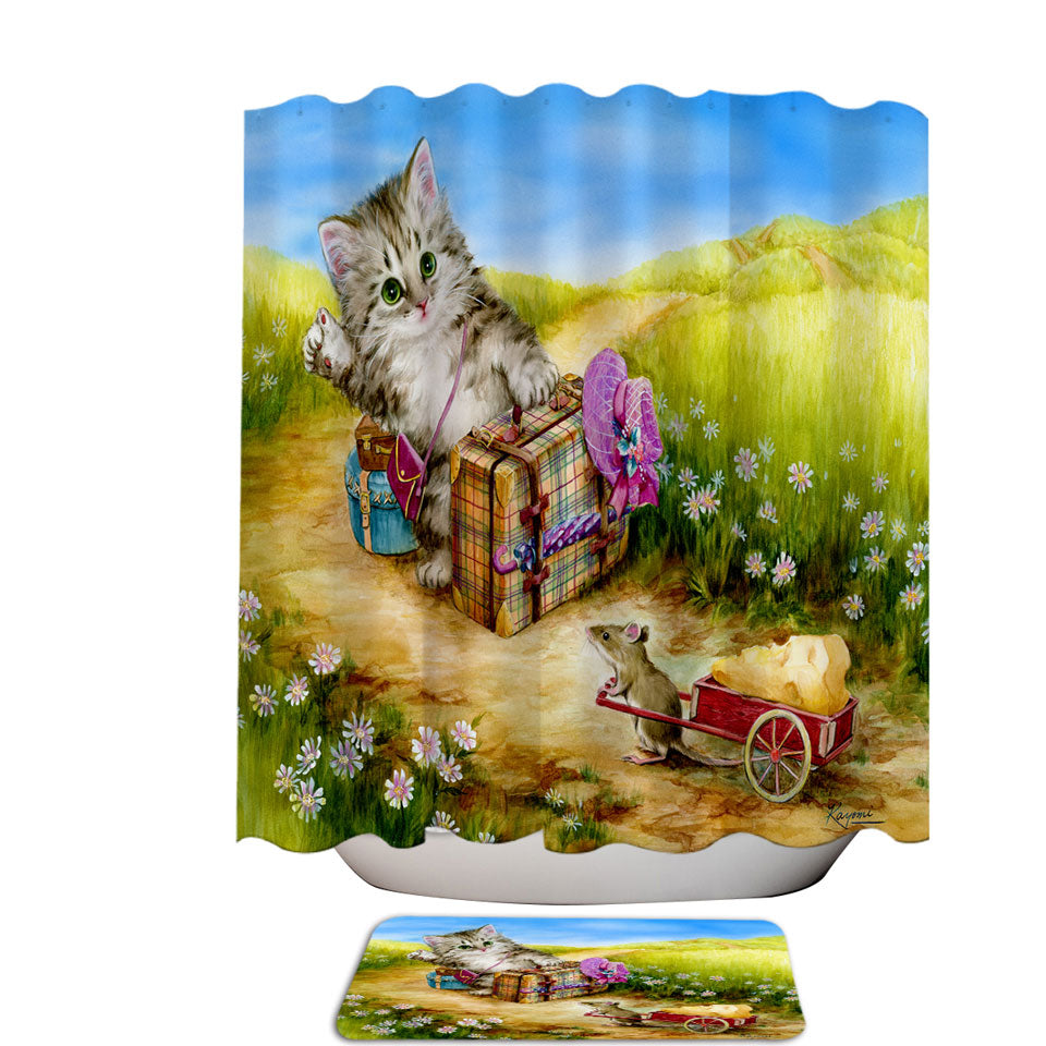 Fun Shower Curtains Cute Cat Designs on the Road Mouse and Kitten
