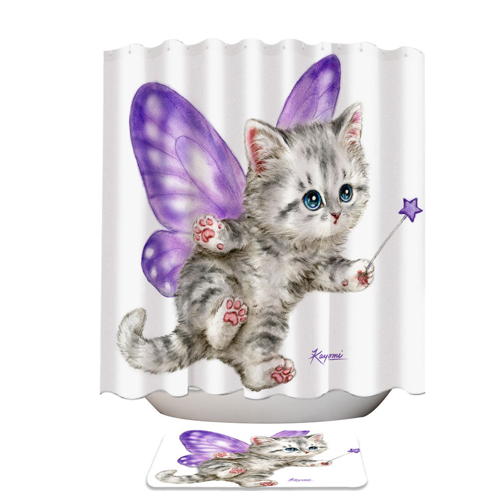 Fun Shower Curtains with Cats Cute Purple Fairy Kitten