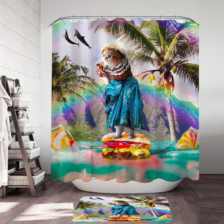 Funny Aloha Girl Cat on Hawaiian Burger Shower Curtain