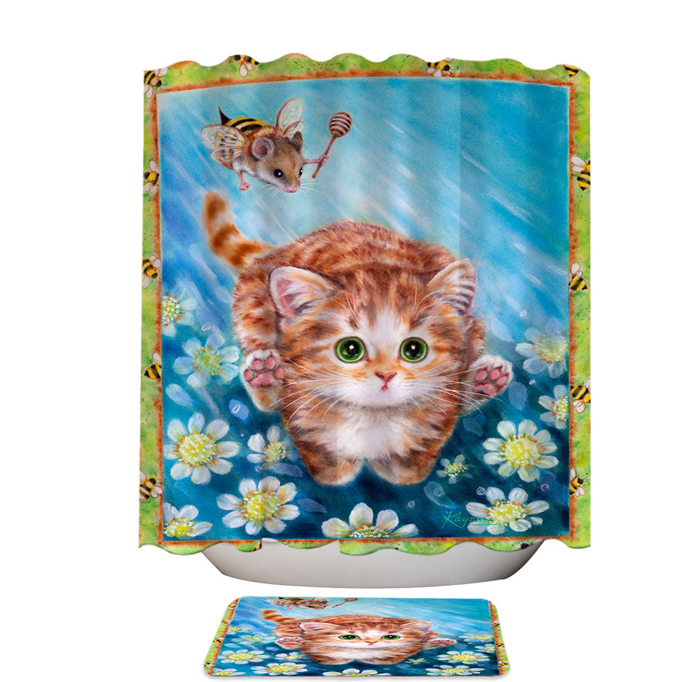 Funny Art Designs for Children Kitten vs Bee Mouse Shower Curtain
