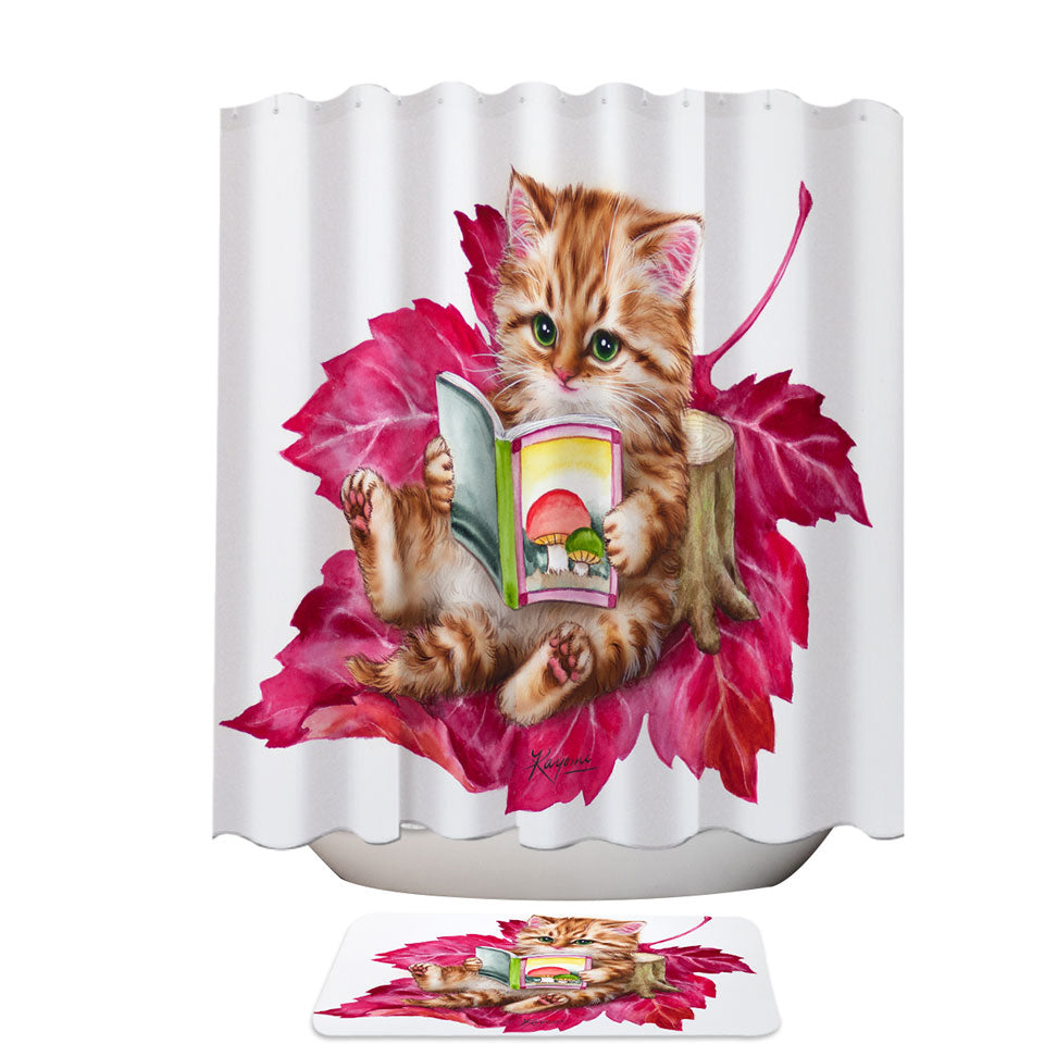 Funny Cat Ginger Kitten Reading a Book on Leaf Shower Curtain