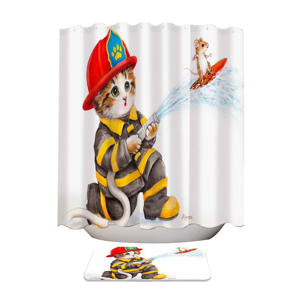 Funny Cats Cute Fire Fighter Shower Curtains for Kids
