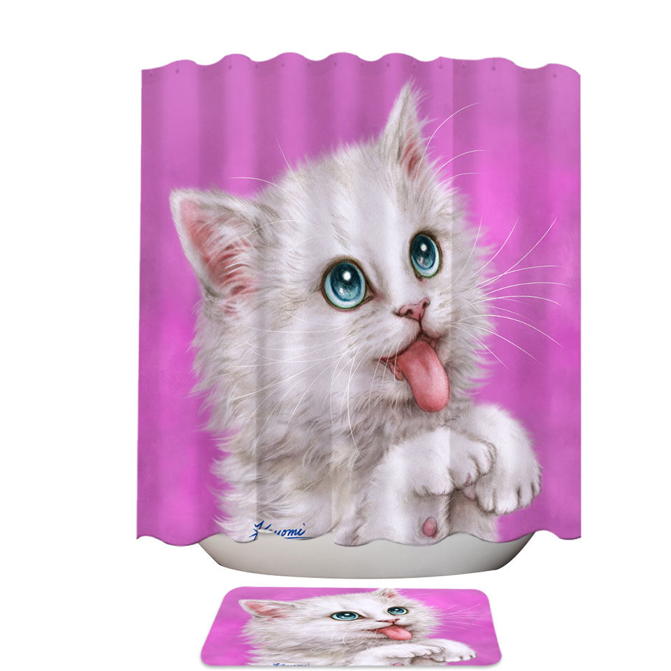 Funny Cats Hungry White Kitty Cat over Pink Fabric Shower Curtains