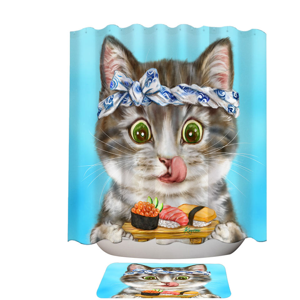 Funny Cats Shower Curtains Paintings Sushi Lover Kitten