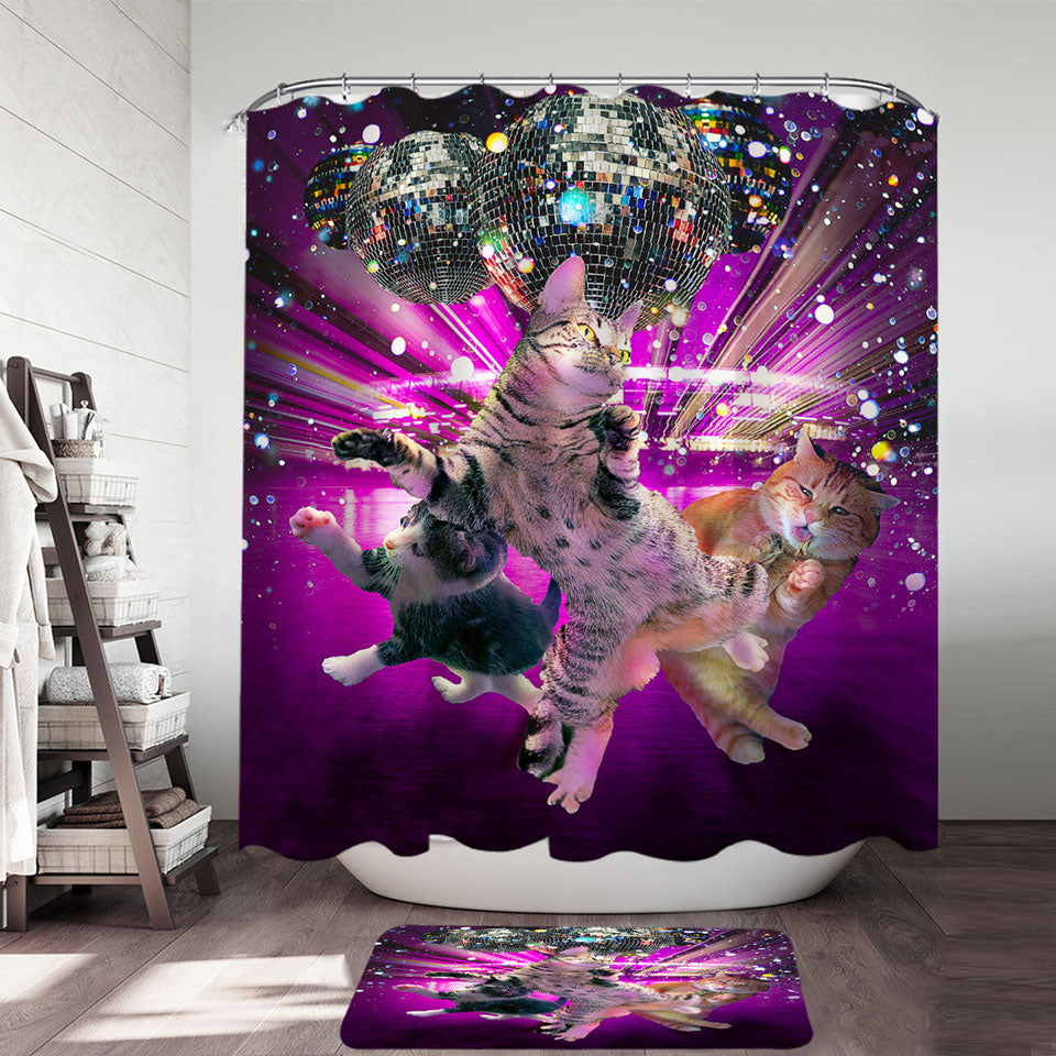 Funny Cool Party Disco Cat Shower Curtains and Bathroom Rugs