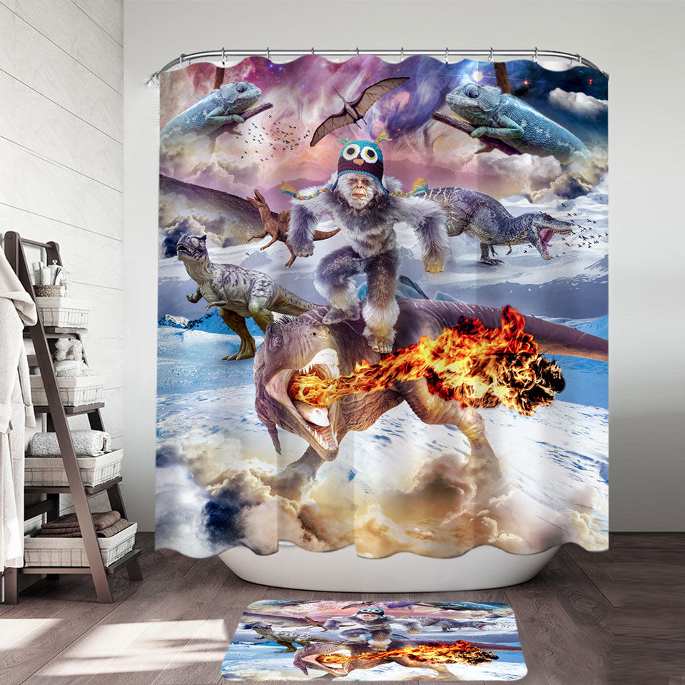 Funny Crazy Shower Curtains with Bigfoot Yeti Sasquatch Riding Dinosaur