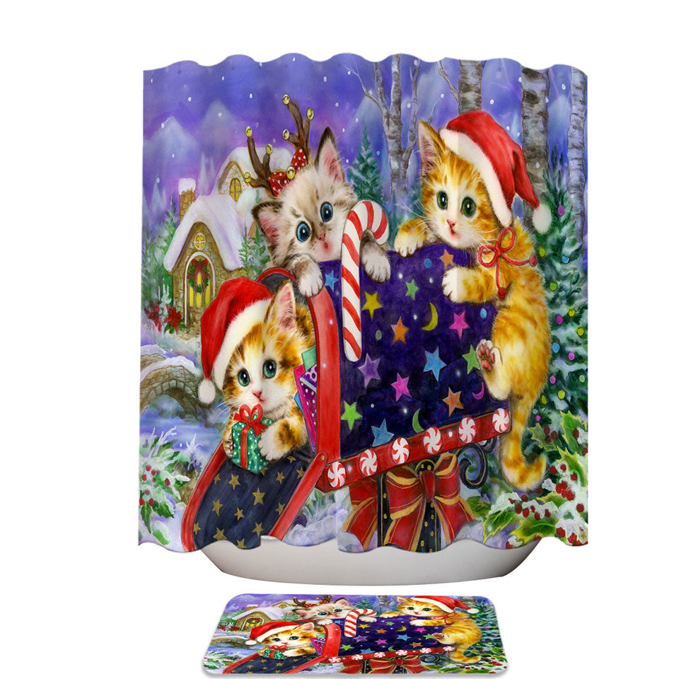 Funny Cute Christmas Shower Curtains with Three Cats Kittens