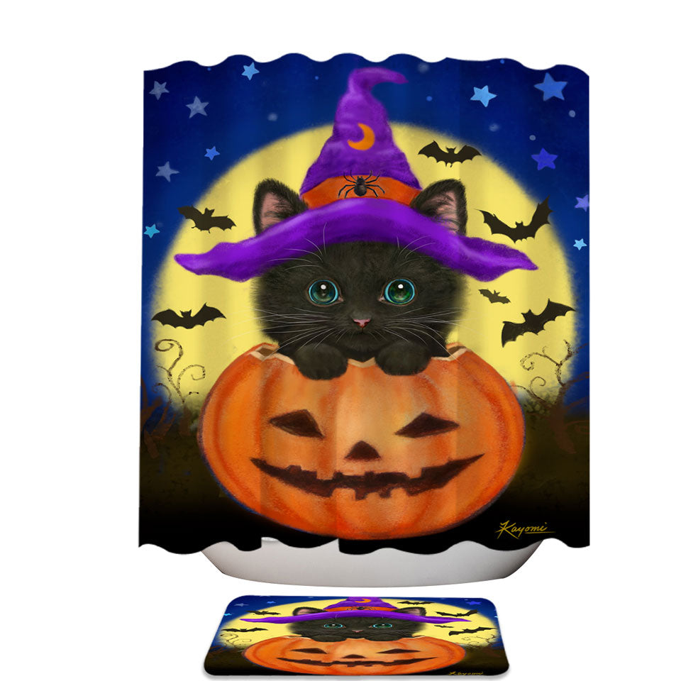 Funny Cute Halloween Black Cat in Pumpkin Shower Curtain