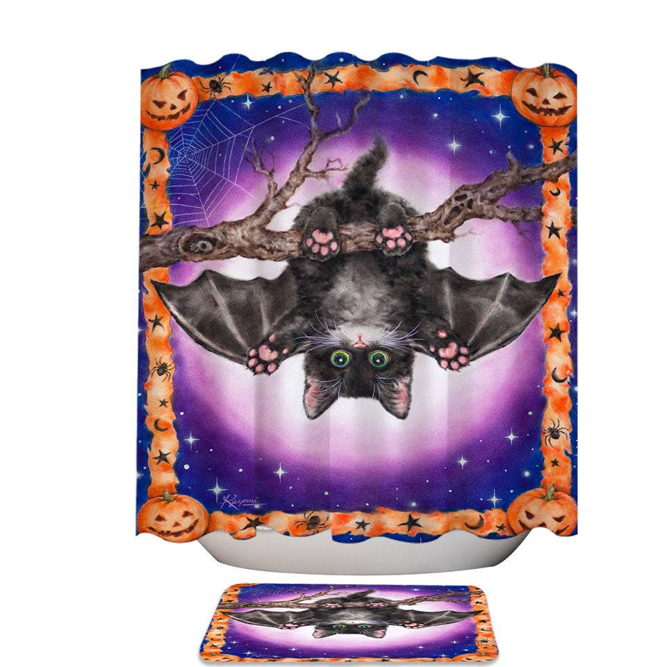 Funny Cute Halloween Kitten Bat Shower Curtain