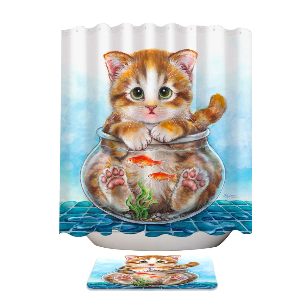 Funny Cute Shower Curtains Cats Design Ginger Kitten in Fish Bowl