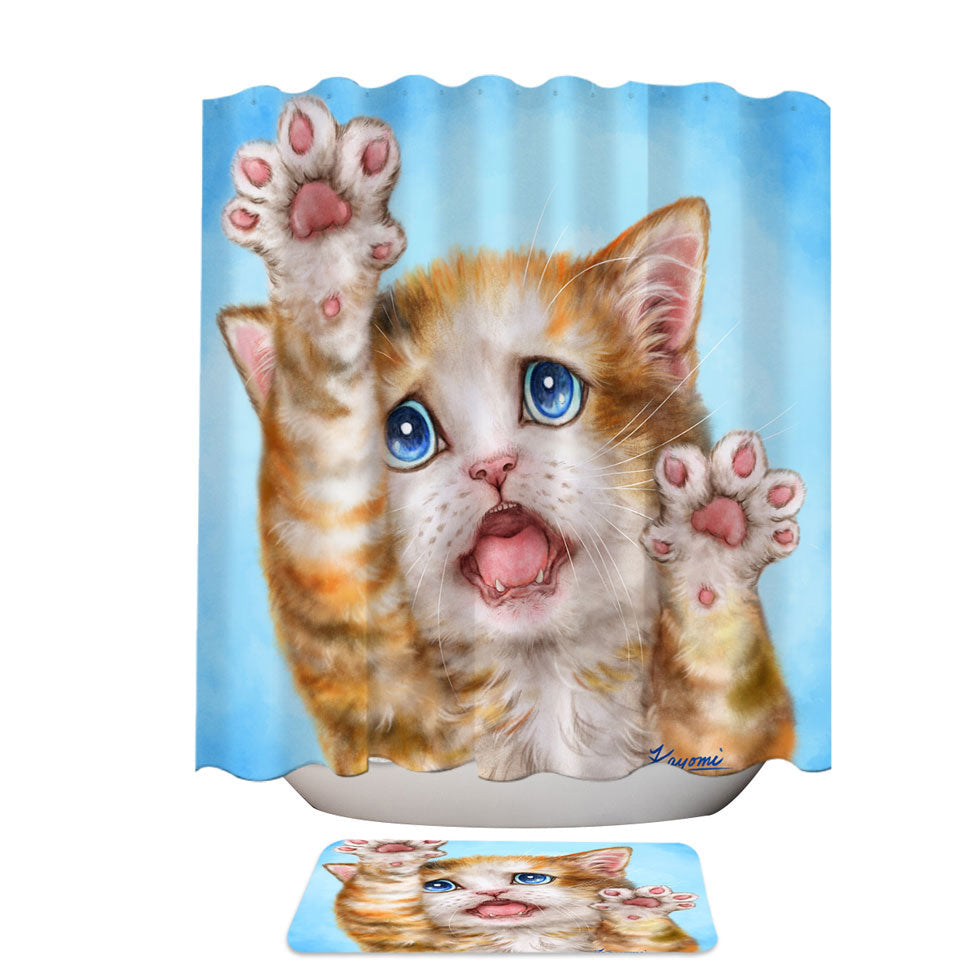 Funny Decorative Shower Curtains with Kittens Stressed Ginger Kitty Cat over Blue