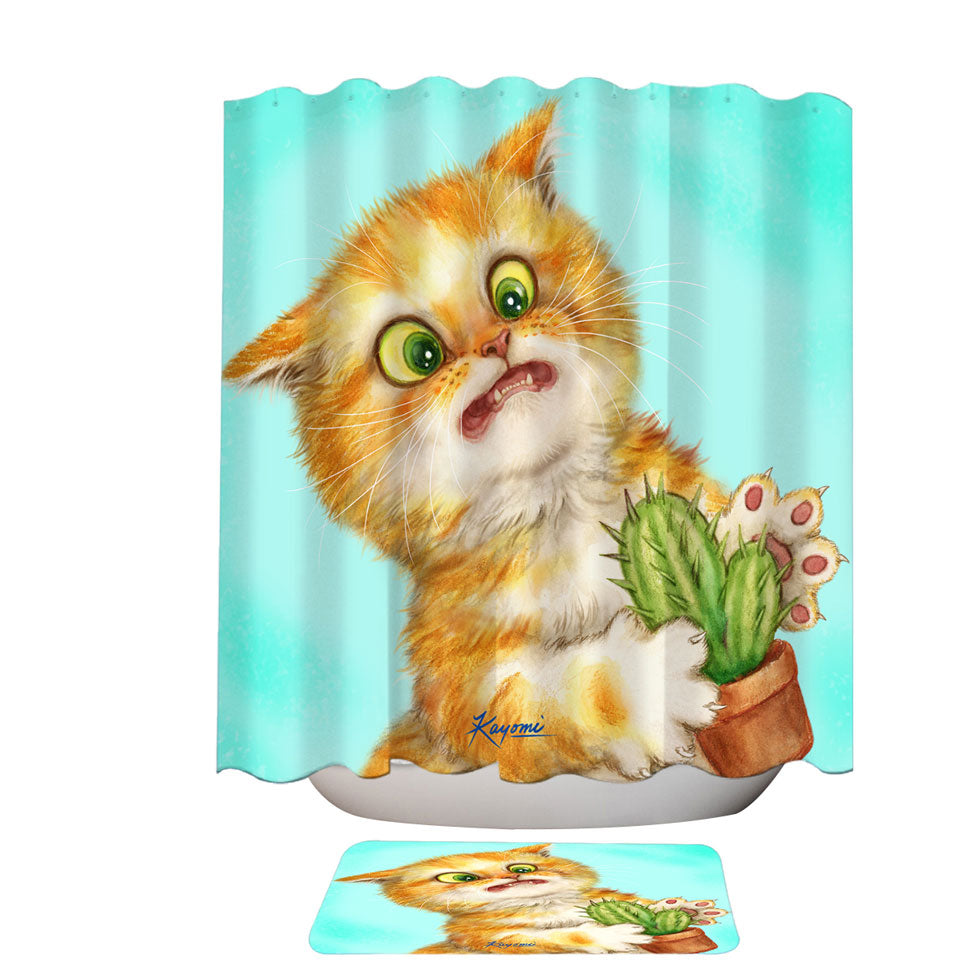 Funny Fabric Shower Curtains Ginger Cat Playing with a Cactus