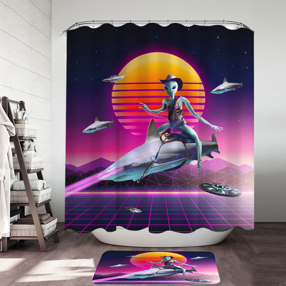 Funny Fiction Art Cowboy Space Alien Riding Shark Shower Curtain