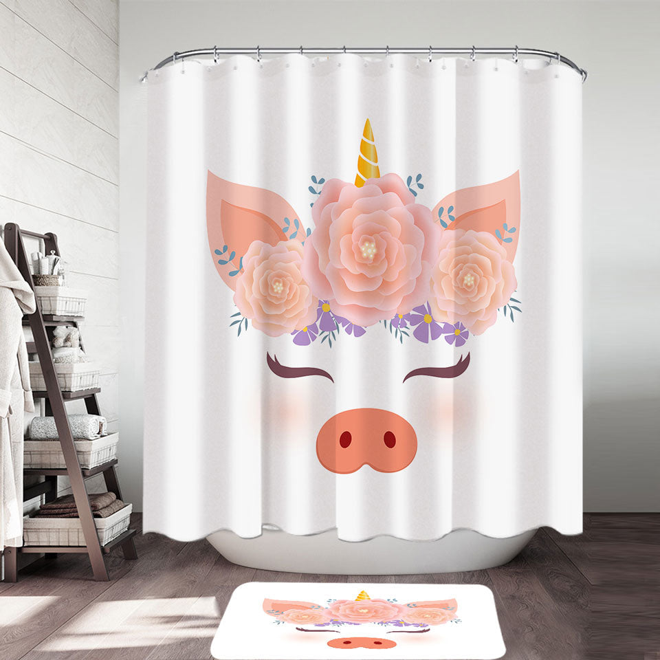 Funny Girls Shower Curtains Flowery Unicorn Piggy