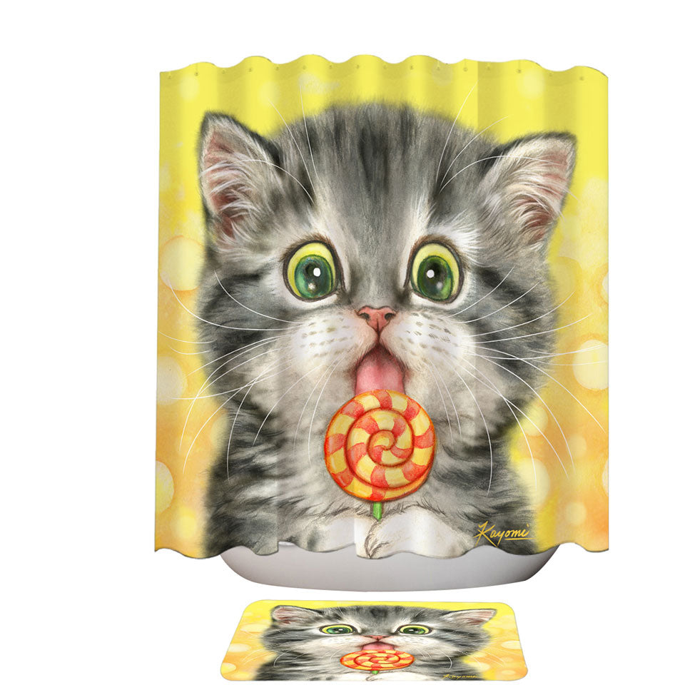 Funny Kids Designs Bathroom Shower Curtains Licking Lollipop Kitty Cat