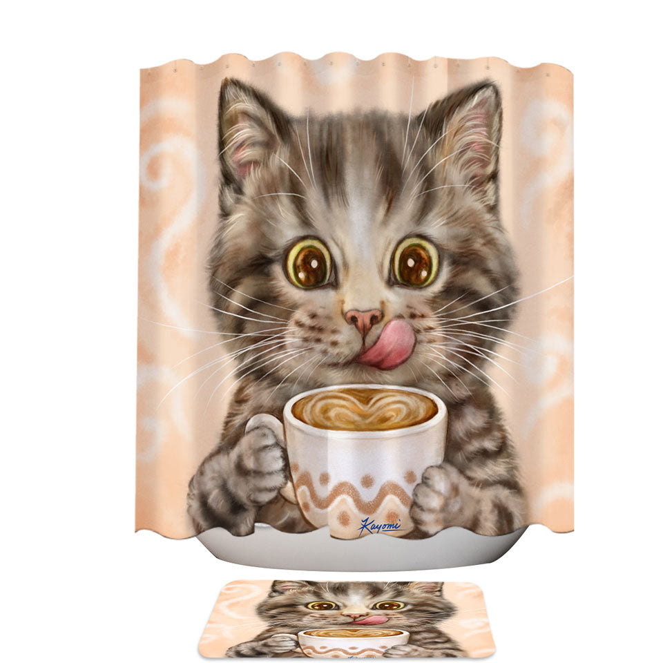 Funny Kittens Drinking Hot Chocolate Tabby Cat Shower Curtain made of Fabric