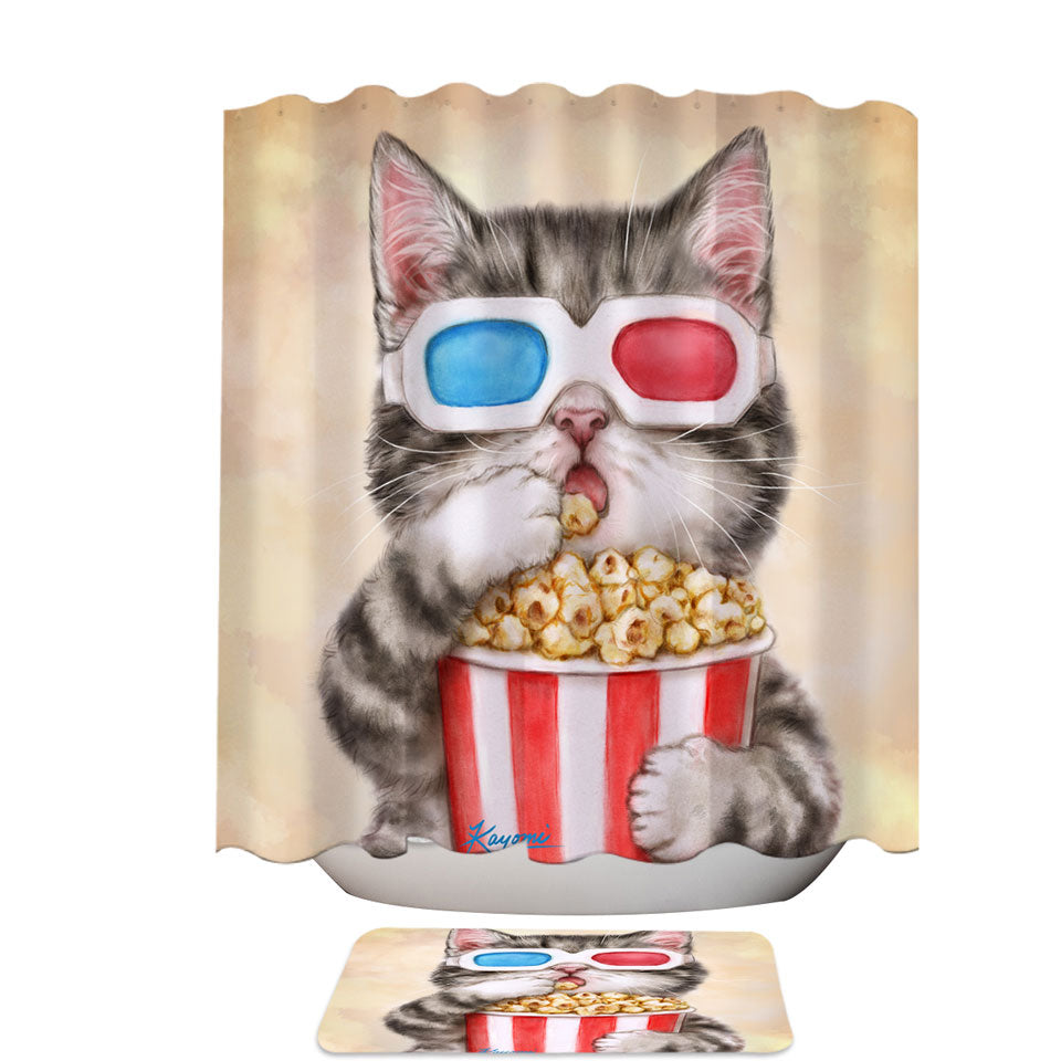 Funny Kittens Eating Popcorn Grey Kitty Cat Shower Curtain and Bath Mat