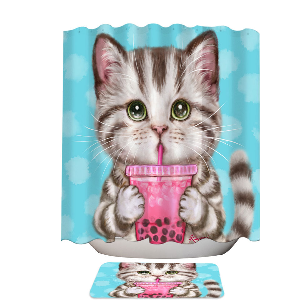 Funny Kittens Fabric Shower Curtain Adorable Grey Tabby Cat Enjoying Tea