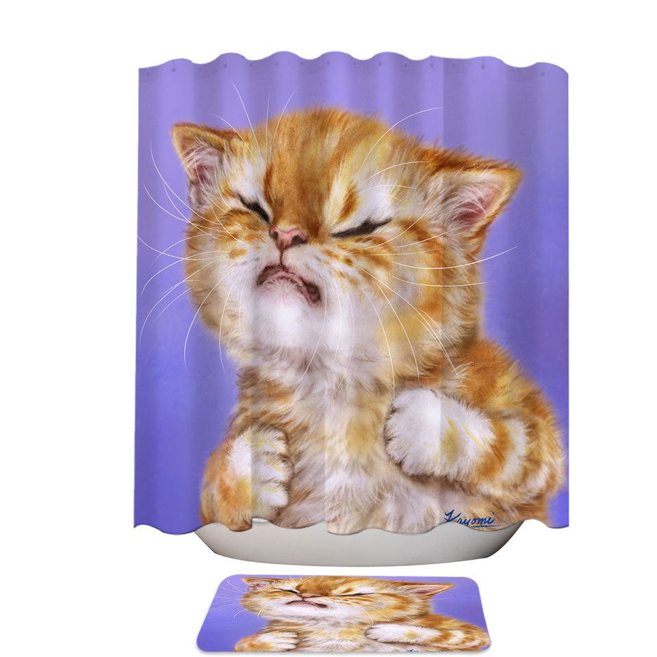 Funny Kittens Shower Curtains Fabric Upset Ginger Kitty Cat over Purple