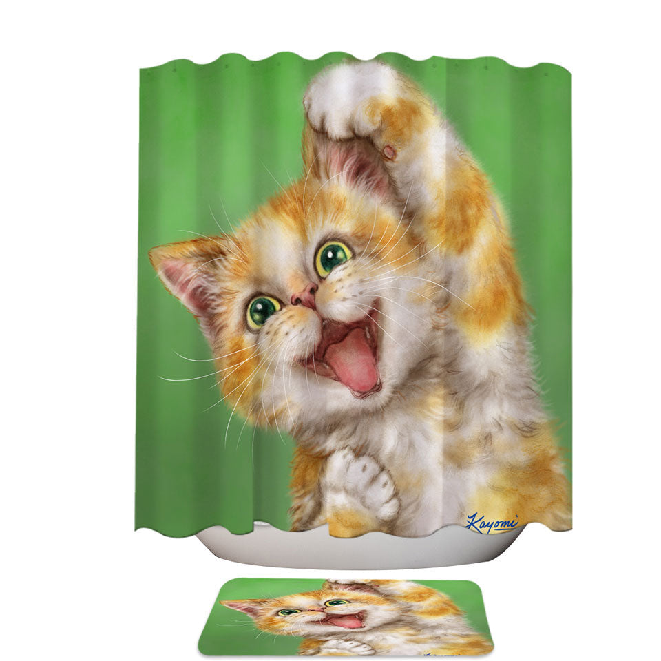 Funny Kittens Trendy Shower Curtains Joyful Ginger Kitty Cat over Green