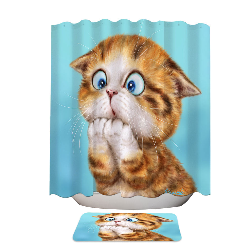 Funny Kittens Unique Shower Curtains Worried Ginger Kitty Cat over Blue