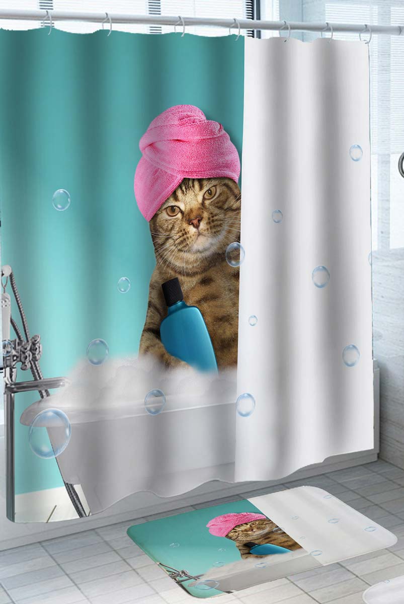 Funny Lady Cat Bath Time Cool Cat Shower Curtains