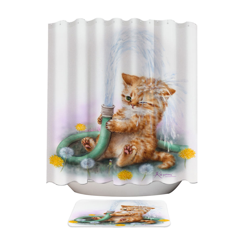 Funny Paintings Fabric Shower Curtains for Kids Ginger Kitten Bath Time