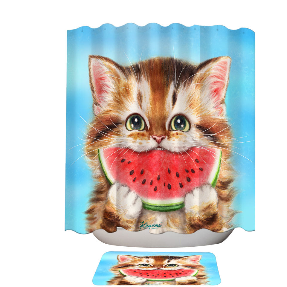 Funny Paintings Shower Curtains Watermelon Love Hungry Kitten