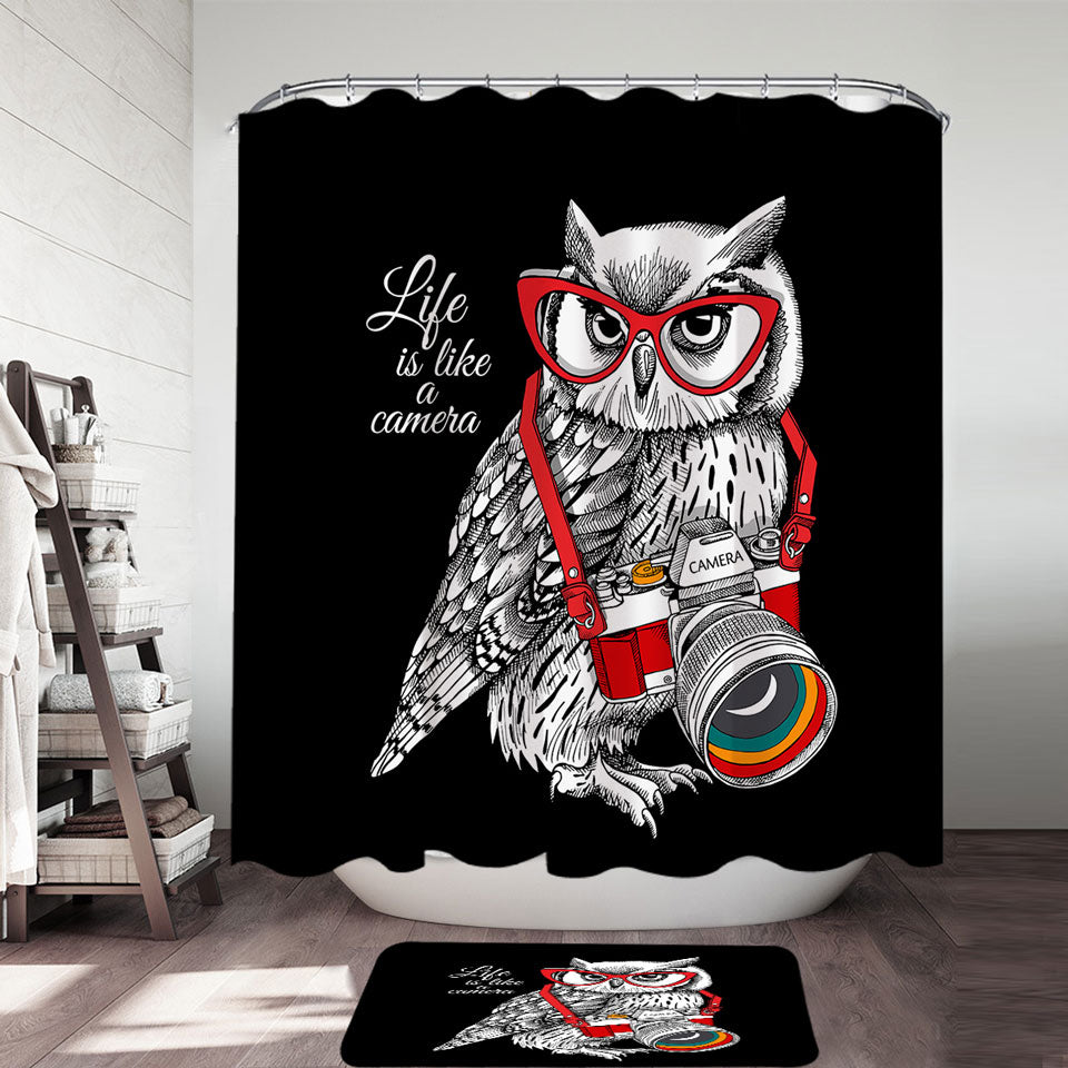 Funny Retro Fabric Shower Curtains with Hipster Photographer Owl