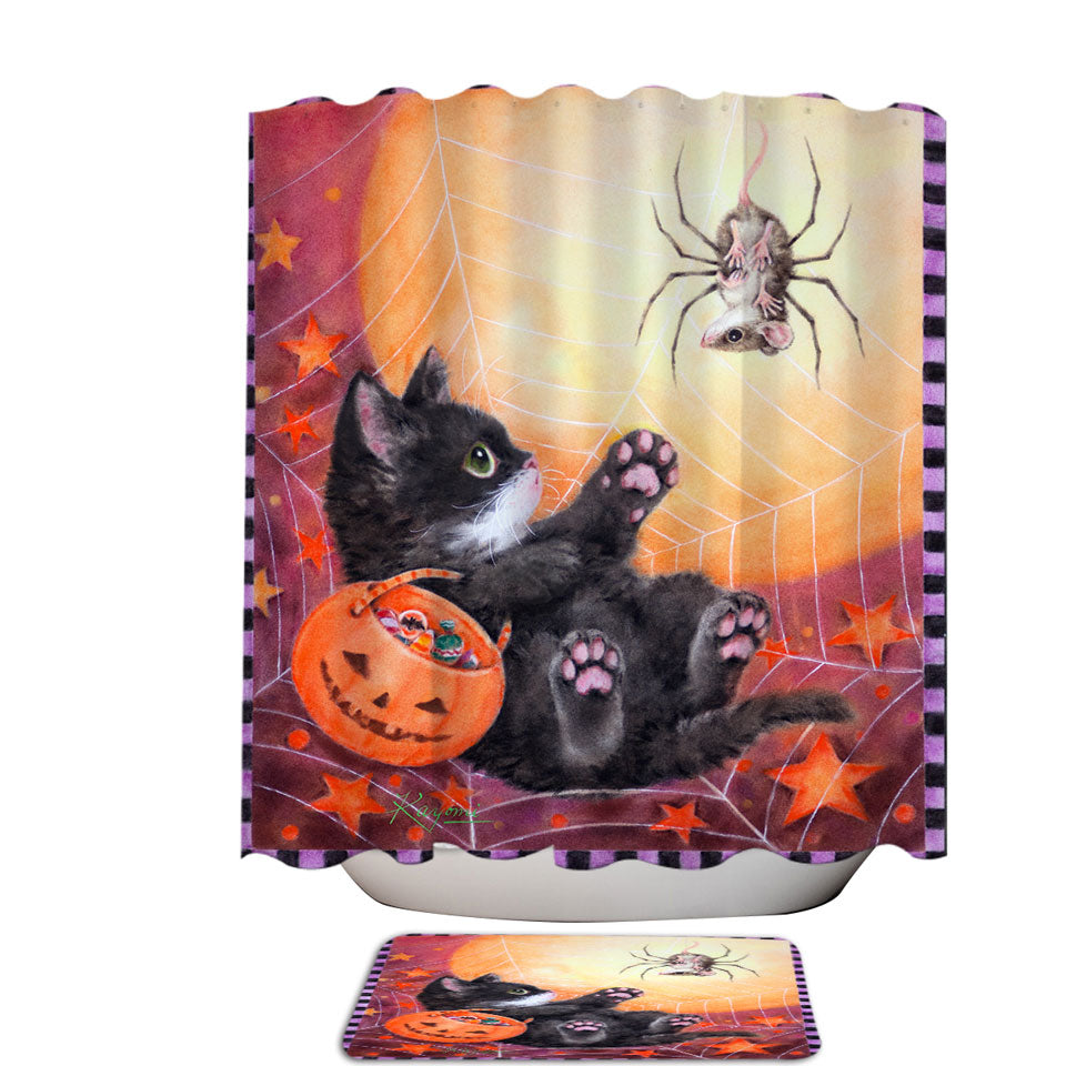 Funny Scary Halloween Shower Curtains Spider Mouse and Kitten