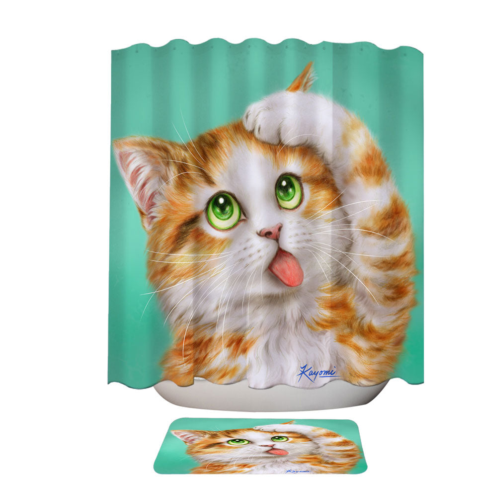 Funny Shower Curtain Cat Prints Goofy Face Cute Ginger Kitten