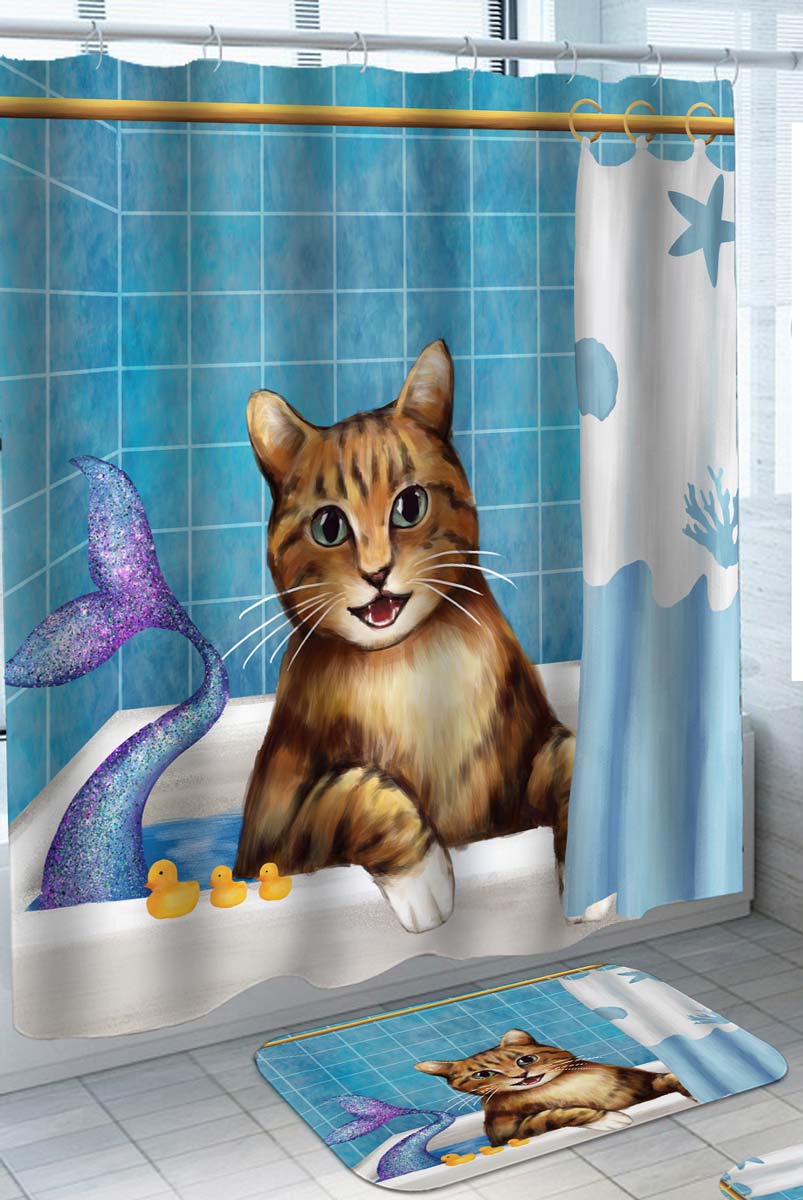 Funny Shower Curtain with Mermaid Cat Taking a Bath