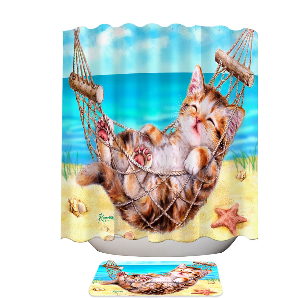 Funny Shower Curtains Art Designs for Children Kitten Beach Time