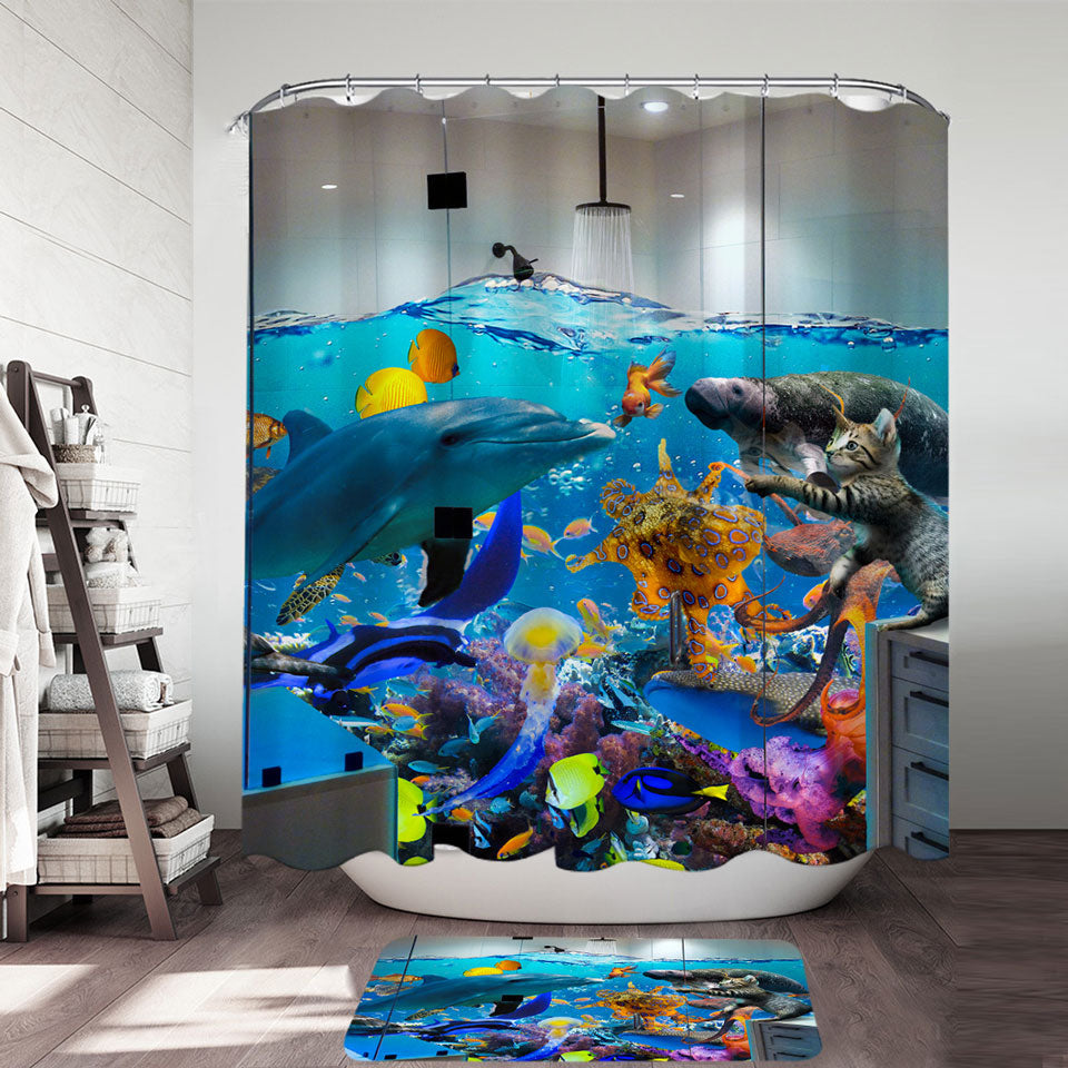 Funny Shower Curtains Artwork Crazy Shower Room Marine Life and Cat