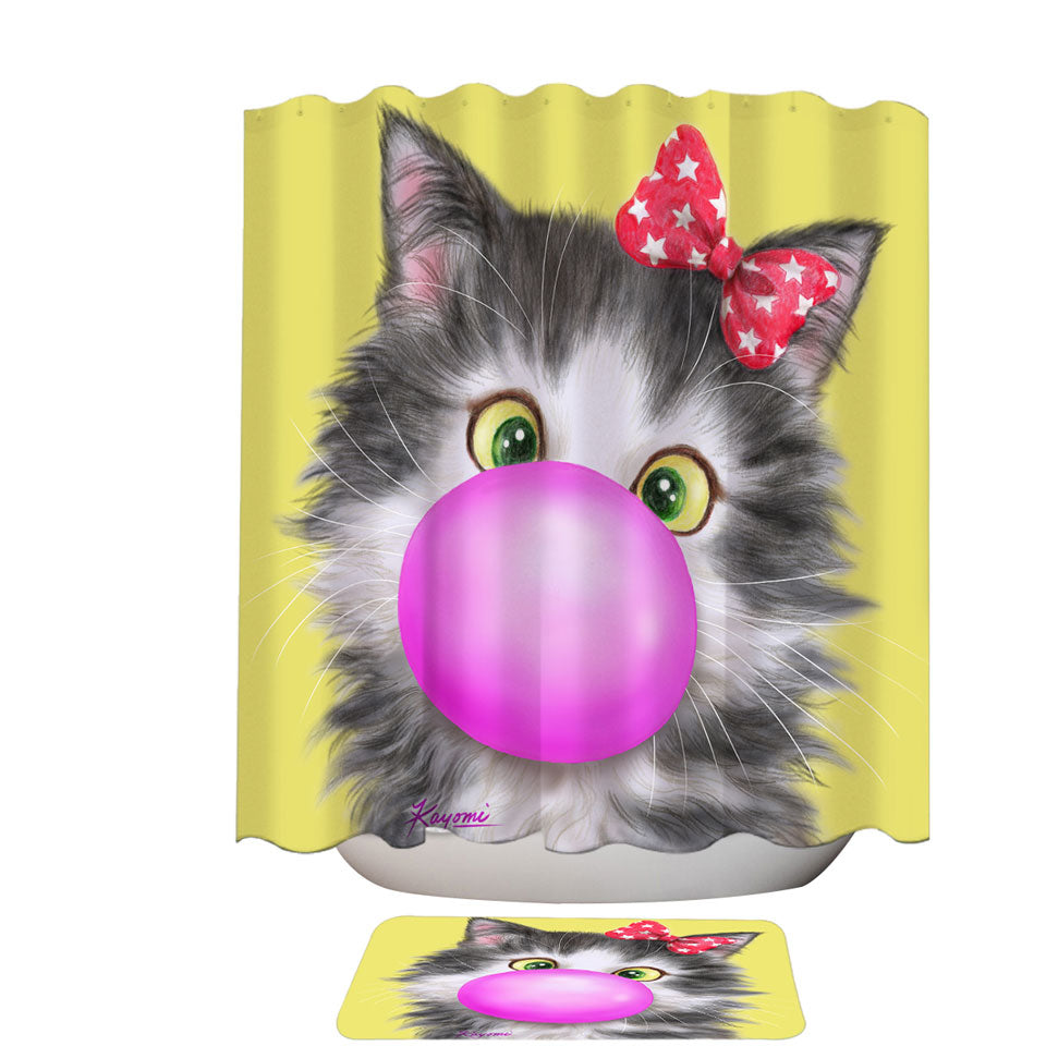 Funny Shower Curtains Cat Prints Bubble Gum Girl Kitten