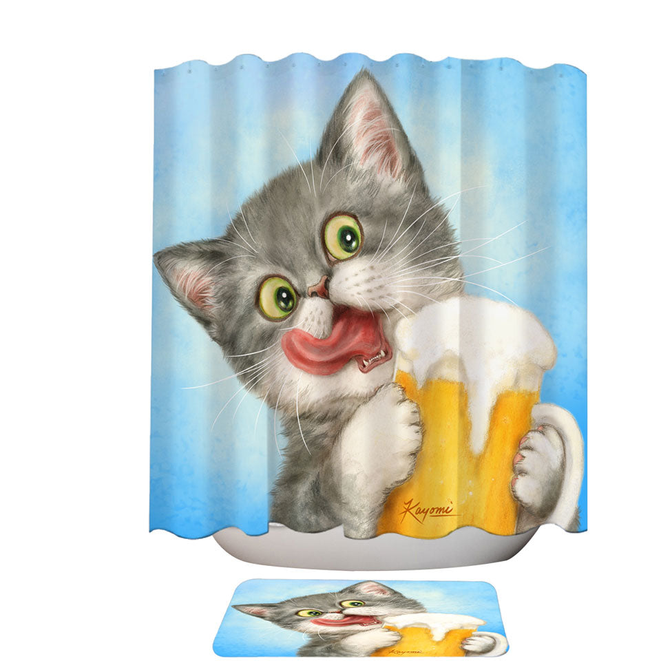 Funny Shower Curtains Cats Art Crazy for Beer Grey Kitten