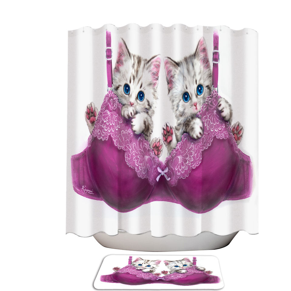 Funny Shower Curtains Cats in Purple Bra Cute Grey Kittens