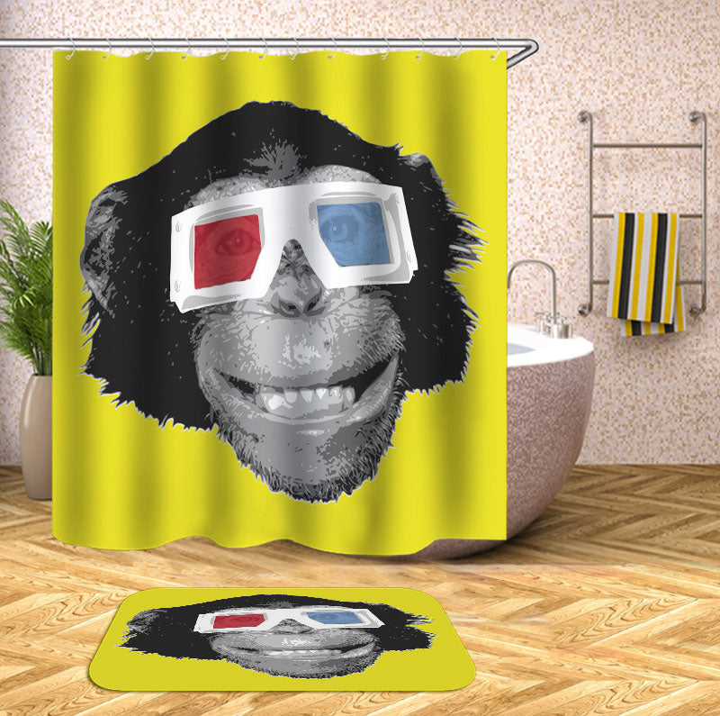 Funny Shower Curtains Chimpanzee Ape Monkey Wearing 3D Glasses