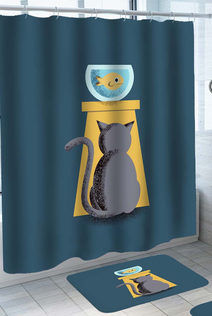 Funny Shower Curtains Cool Scared Fish and Cat