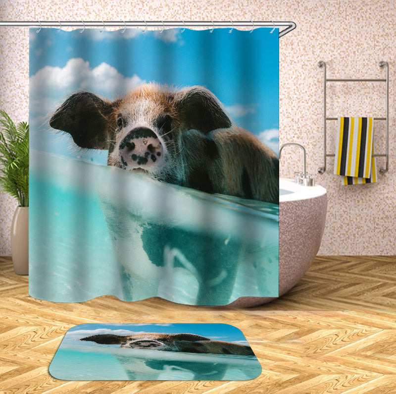 Funny Shower Curtains Farm Animals Cute Swimming Pig