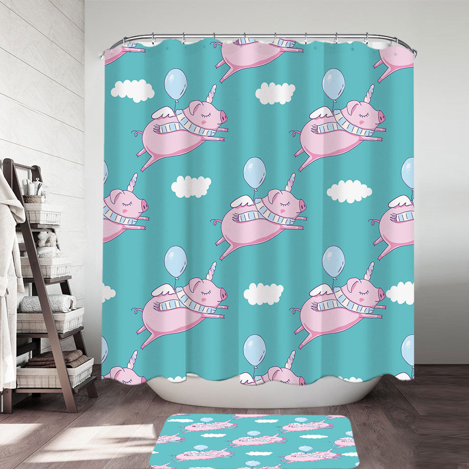Funny Shower Curtains Flying Unicorn Pigs