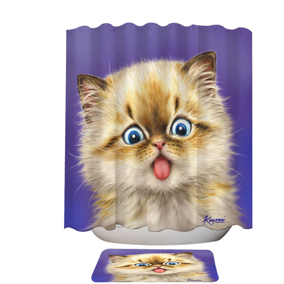 Funny Shower Curtains Fool Face Kitten Cat with Tongue Out